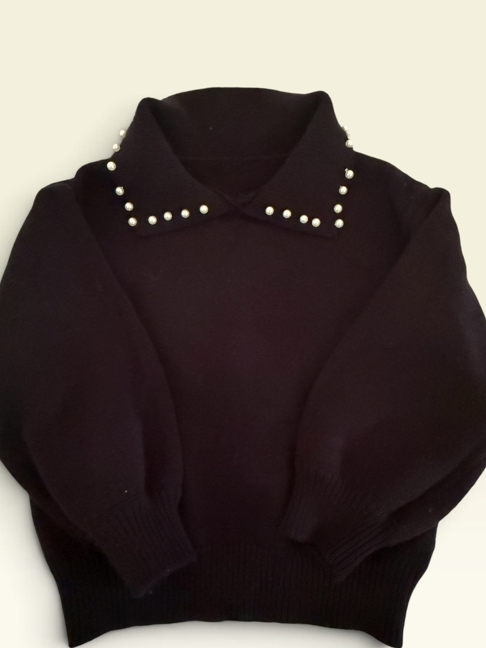 SHEIN Black Sweater with Pearl-Trim Collar